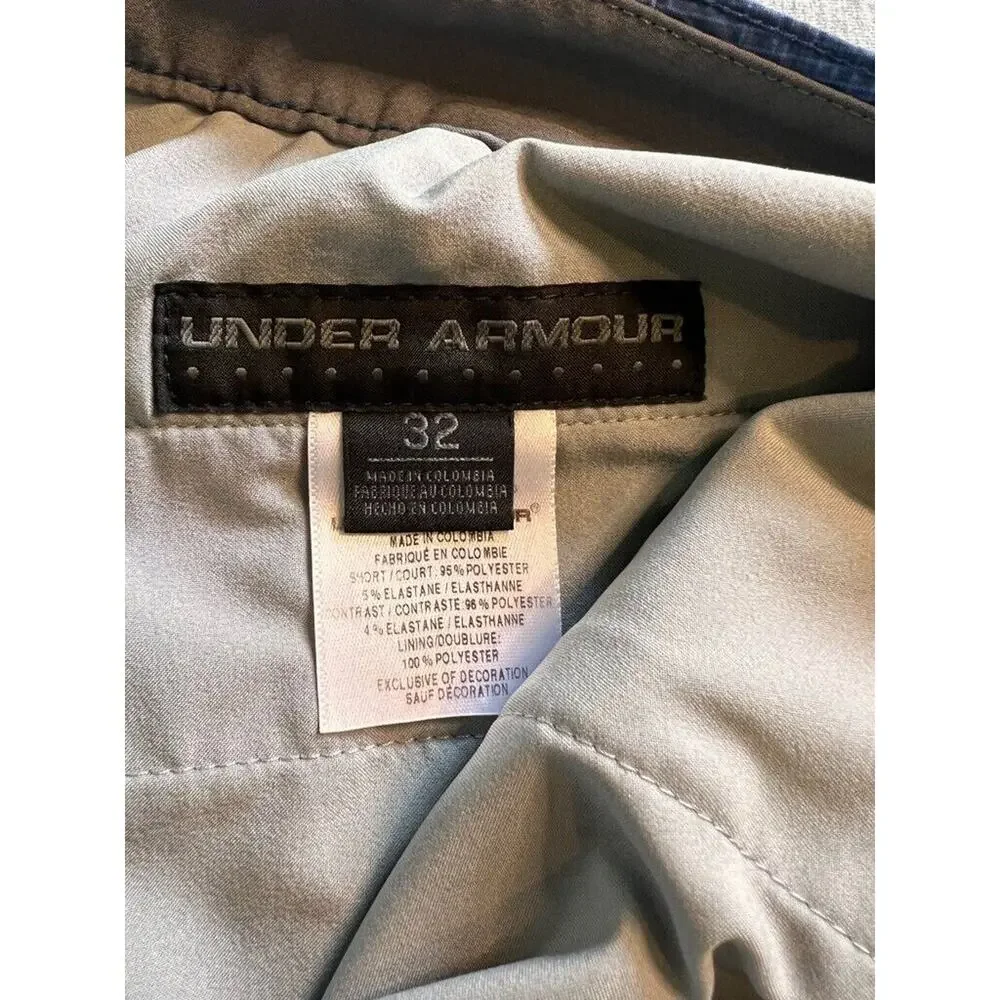 Under Armour Mens Performance Shorts Blue Black Plaid Flat Front Stretch Size 32